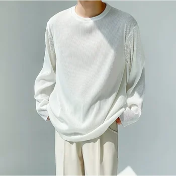 남성용 유니컬러 티셔츠, 일반 상의, 흰색 헐렁한 아이스 실크 디자이너, 하라주쿠 패션, 사이즈 S 탄성, 한국 가을