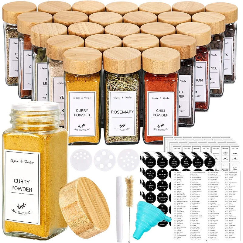 

5Pcs Glass Spice Jars with Bamboo Lid Spice Seasoning Containers Salt Pepper Shakers Spice Organizer Kitchen Spice Jar Set
