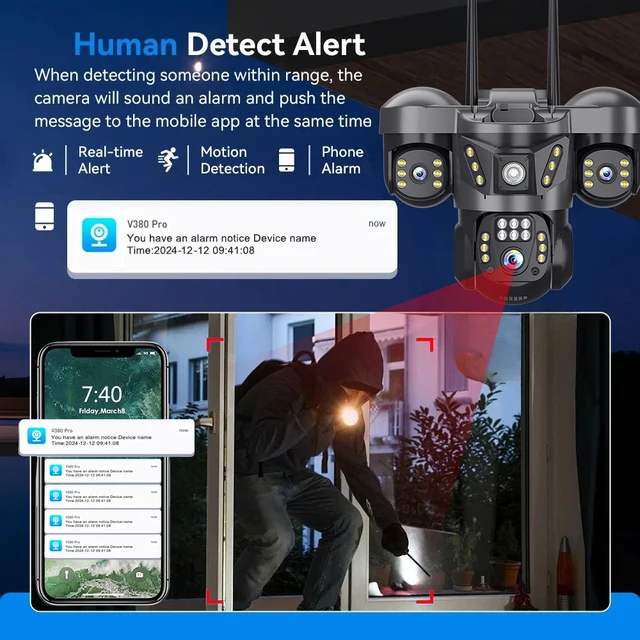 V380 PRO 12MP 6K Three Lens 3-Screen 4G Camera Auto Tracking PTZ Outdoor Security Surveillance Wireless CCTV Monitor Waterproof 2