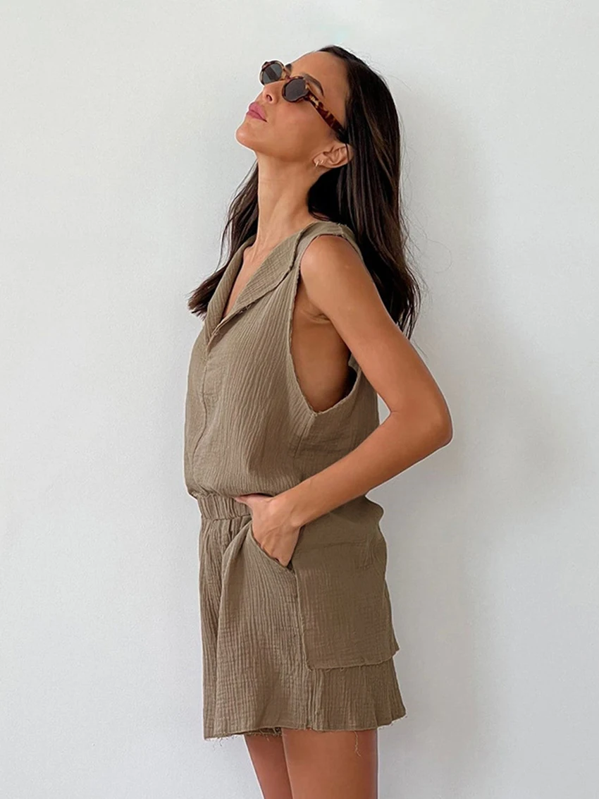 Marthaqiqi Cotton Ladies Pajamas 2 Piece Suit V-Neck Sleepwear Sleeveless Tank Tops Nightgown Shorts Casual Female Nightwear Set