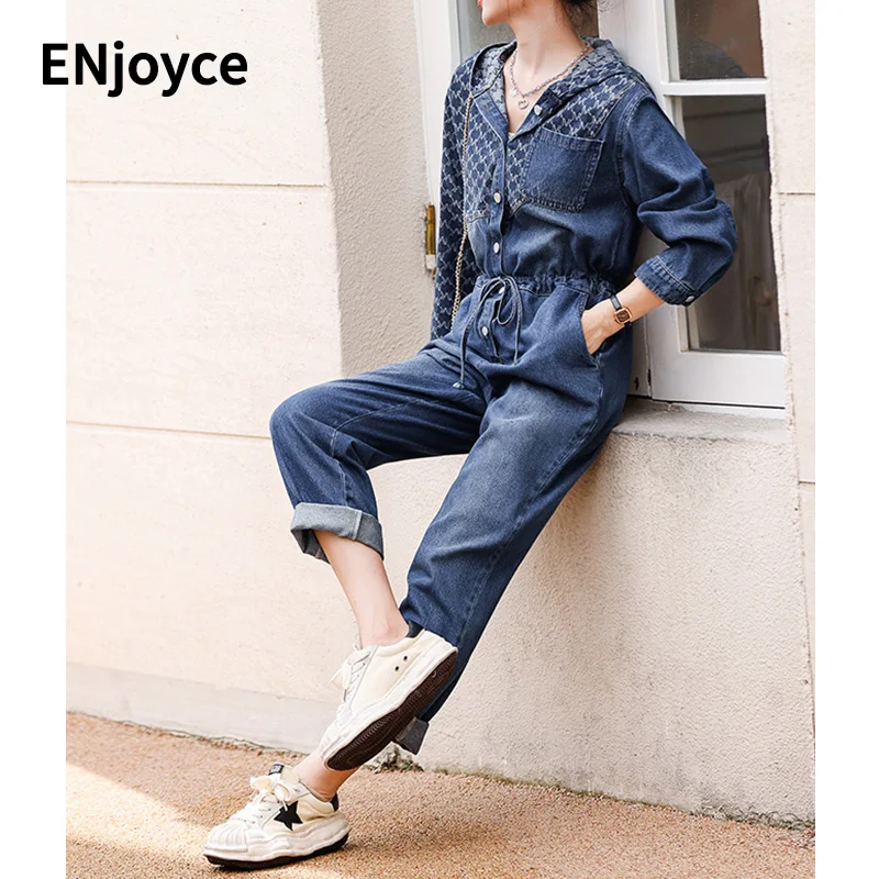 Basic Letter Jacquard Hooded Denim Jumpsuit with Drawstring Waist Women One  Piece Overalls Jeans Casual Loose Romper Playsuits - AliExpress