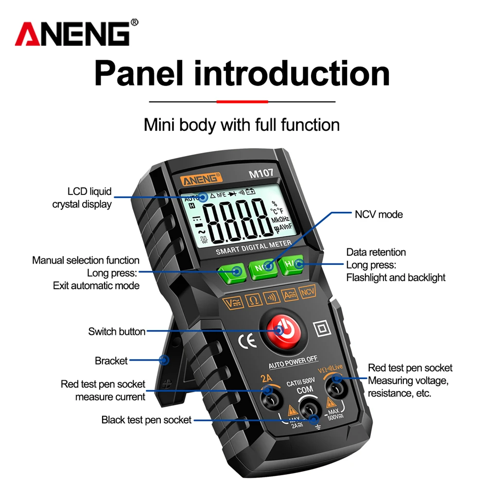 Digital Multimeter ANENG M107 AC DC voltage/current Resistance 4000 Counts NCV induced voltage Mini Mult&iacute;metro Test Tools digital multimeter multimeter tester