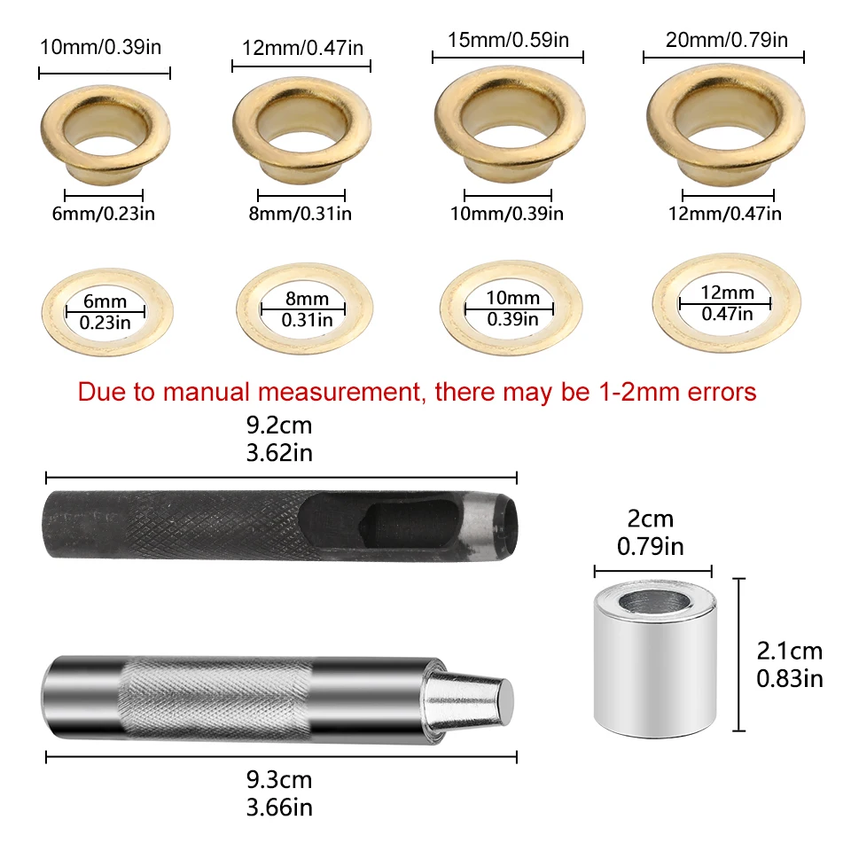 Description Picture 3 of itemTLKKUE 100Set Brass Eyelet Kit Scrapbook Grommet Eyelets Hole Metal Button Press Puncher Tool And Leather Punching Working Tool