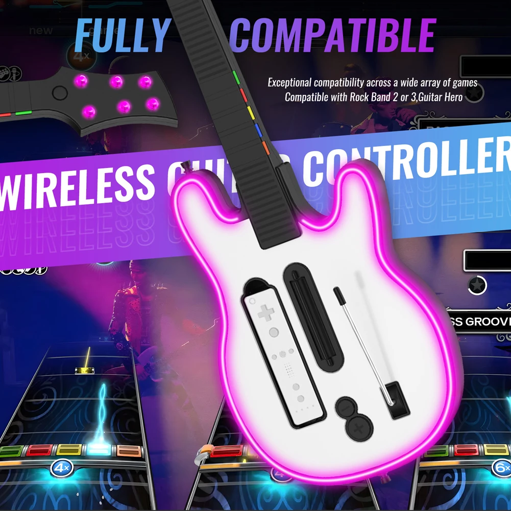 Wireless Guitar Controller Wireless Gaming Controller RGB Guitar Handle Gamepad for Wii Hero and Rock Band Games