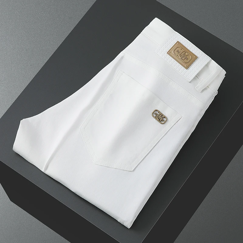 Casual jeans high-end light luxury stretch black nine-minute pants fashion simple versatile straight pants white men's