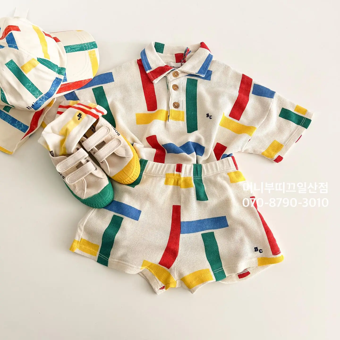 2023 BC Summer Girls' Korean Style Cute Contrast Square Polo Neck Waffle T-shirt Children's Set Children Clothing