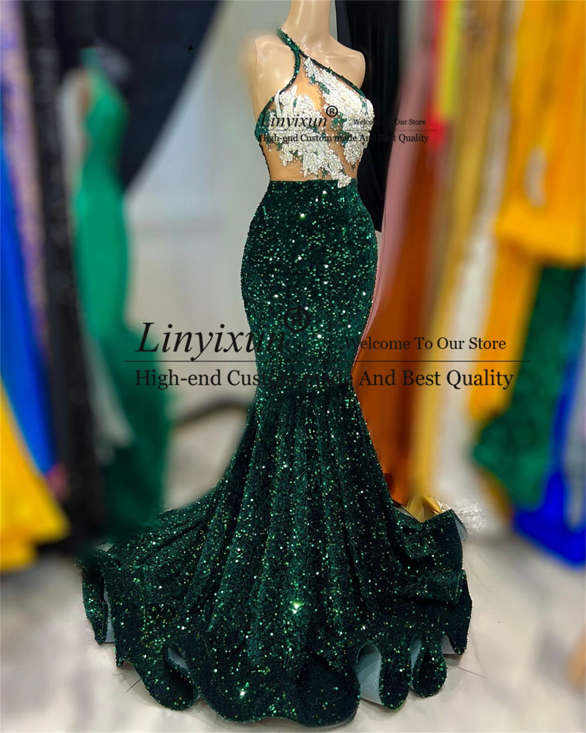 Sleeveless Green Sequined Mermaid Prom Dress with High Slit