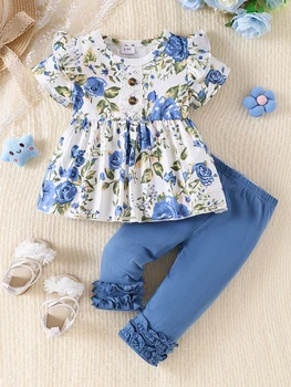 Top Rated Trending Baby Girl (0-4Y) Floral Print Ruffle Top & Lace Trim Pants 2pc Set: Soft Breathable Cotton, Skin-Friendly 1