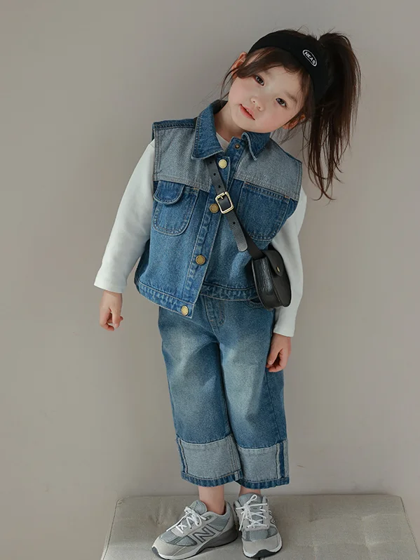

Two Pieces Hot Sale Spring Autumn Girls Clothes Blue Sleeveless Single Breasted Vests Coats Jackets Loose Pants Trousers Jeans