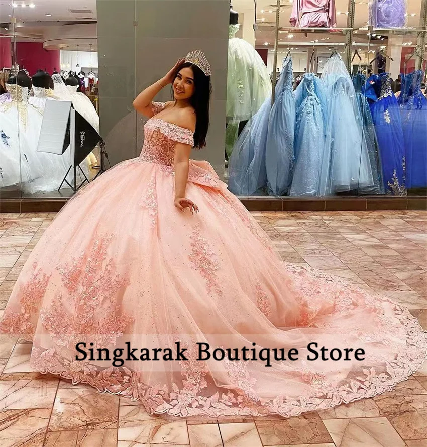Glitter Pink Princess Quinceanera Dresses With Bow Beaded Appliques Sequins Sweet 16 Dress Vestidos De 15 a&ntilde;os Ball Gown