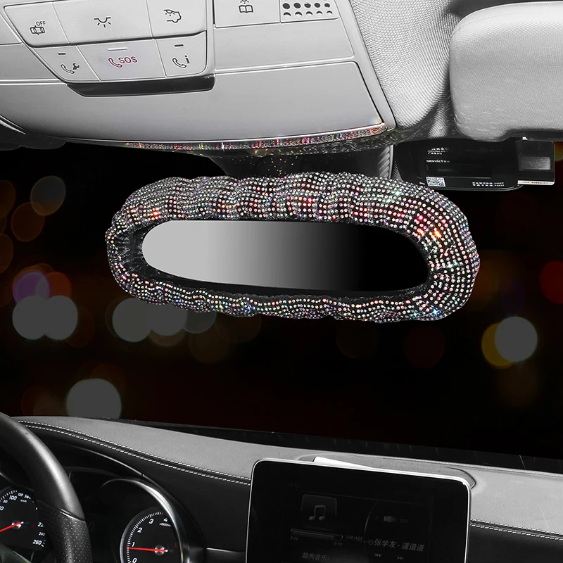Leather Car Rearview Mirror Cover Charm Crystal Car Mirror Rhinestonecar Decoration Bling Assessoires Interior For Women Rearview Mirror Cover