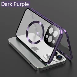 360° Magnetic Metal Frame Phone Case with Double - Sided Glass Cover & Full Lens Protection - iPhone 15 Plus (PURPLE)