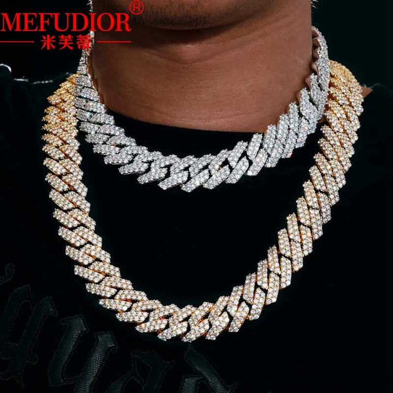

14mm Width Cuban Chain 925 Sterling Silver Necklaces for Men and Women Inlay Moissanite Diamond 16-26 Inches Hiphop Jewelry Gift