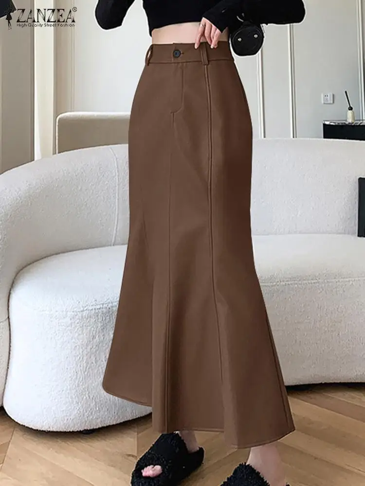 

ZANZEA 2024 Autumn Overized Skirt Fashion High Waist Fishtail Skirt Women PU Leather Maxi Jupe Vintage Solid Wrapped Hips Faldas