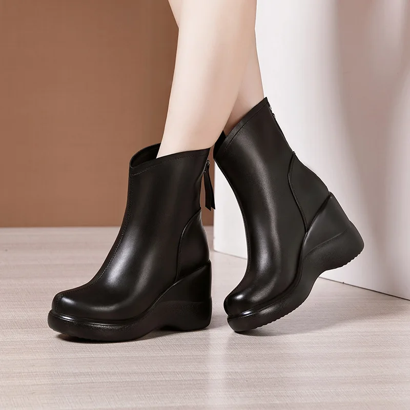 High quality mid calf leather boots for women 8cm wedge  high heel platform new 2023 autumn winter elegant 33 42 43 shoe - black