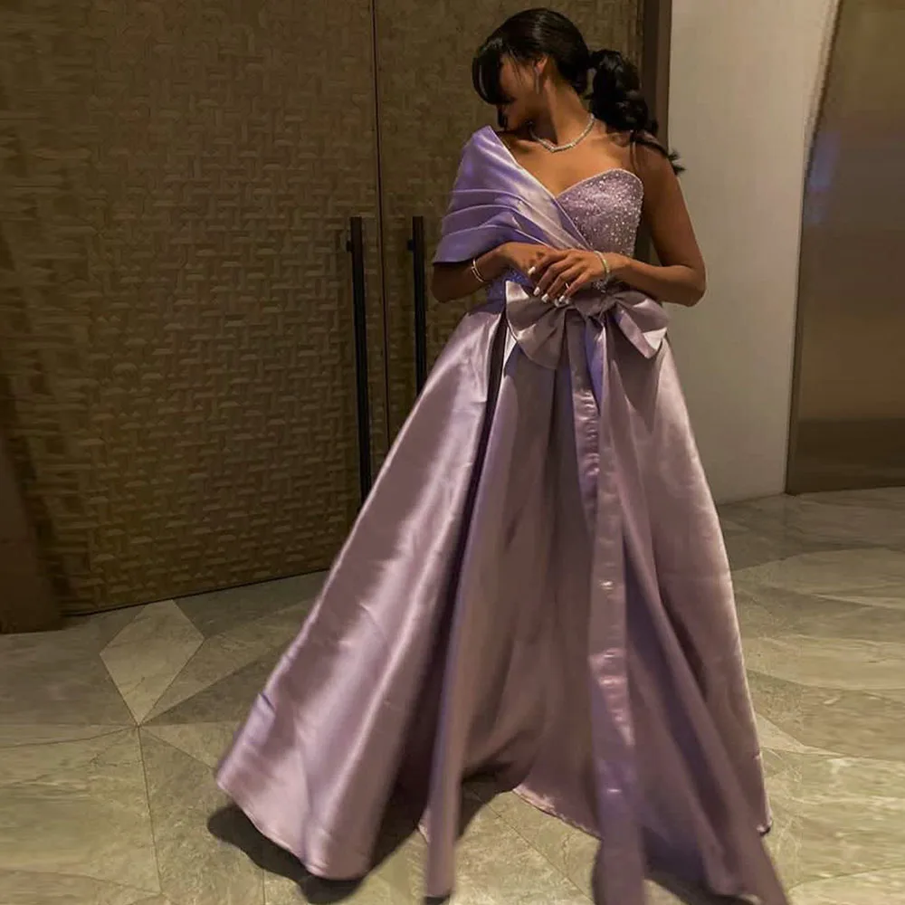

One-Shoulder A-line Evening Gown Sequin Bow Satin Long Prom Dresses Pleat Ankle-Length Backless Party Dress فساتين مناسبة رسمية