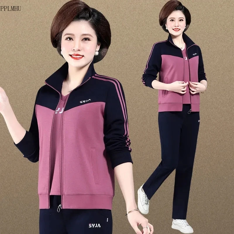 

Весенне-осенние куртки + футболка + спортивные брюки, одежда для отдыха, Модный женский спортивный костюм для мам, повседневный костюм для бега, Женский комплект из трех предметов