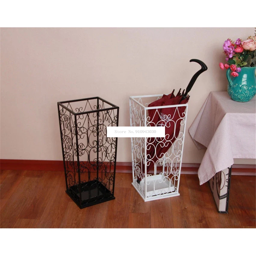 Fashion European Style Household Elegant Metal Iron Art Umbrella Storage Bucket Holder Square Hollow Umbrella Barrel Stand Rack