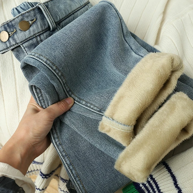Winter Girls Jeans Women Soft High Waist Women'S Trousers Denim Loose Streetwear Woman Pants Femme Pantalon Mujer Thick Velvet Blue