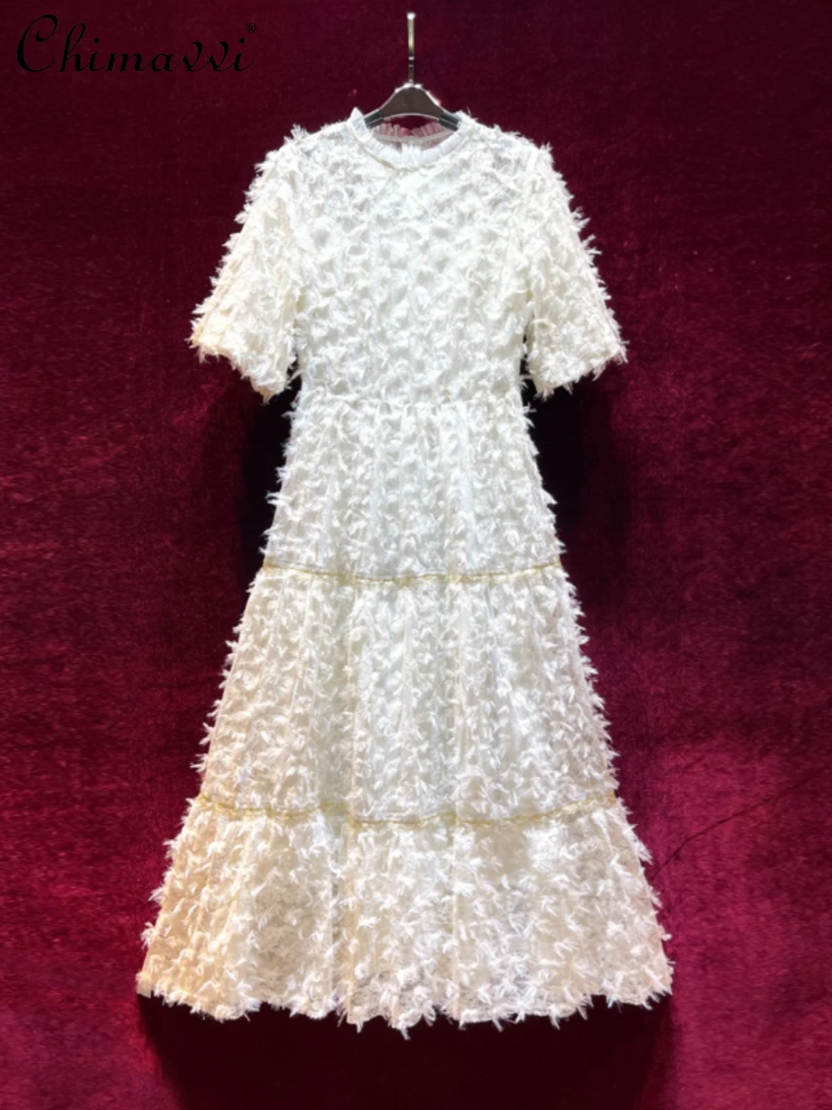 

Elegant French Short Sleeve Mid-Length White Dress Spring Summer New Fashion Round Neck High Waist Slim Elegant Dresses Women