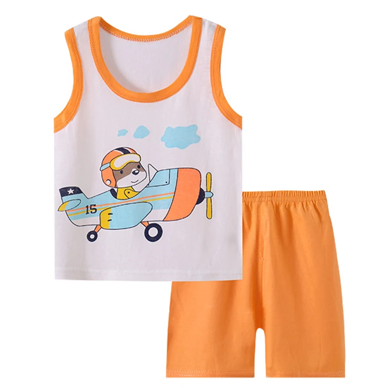 

2Piece Summer Outfit Toddler Clothes Boy Korean Casual Cartoon Cute Cotton Sleeveless Baby Tops+Shorts Kids Clothing Set BC718