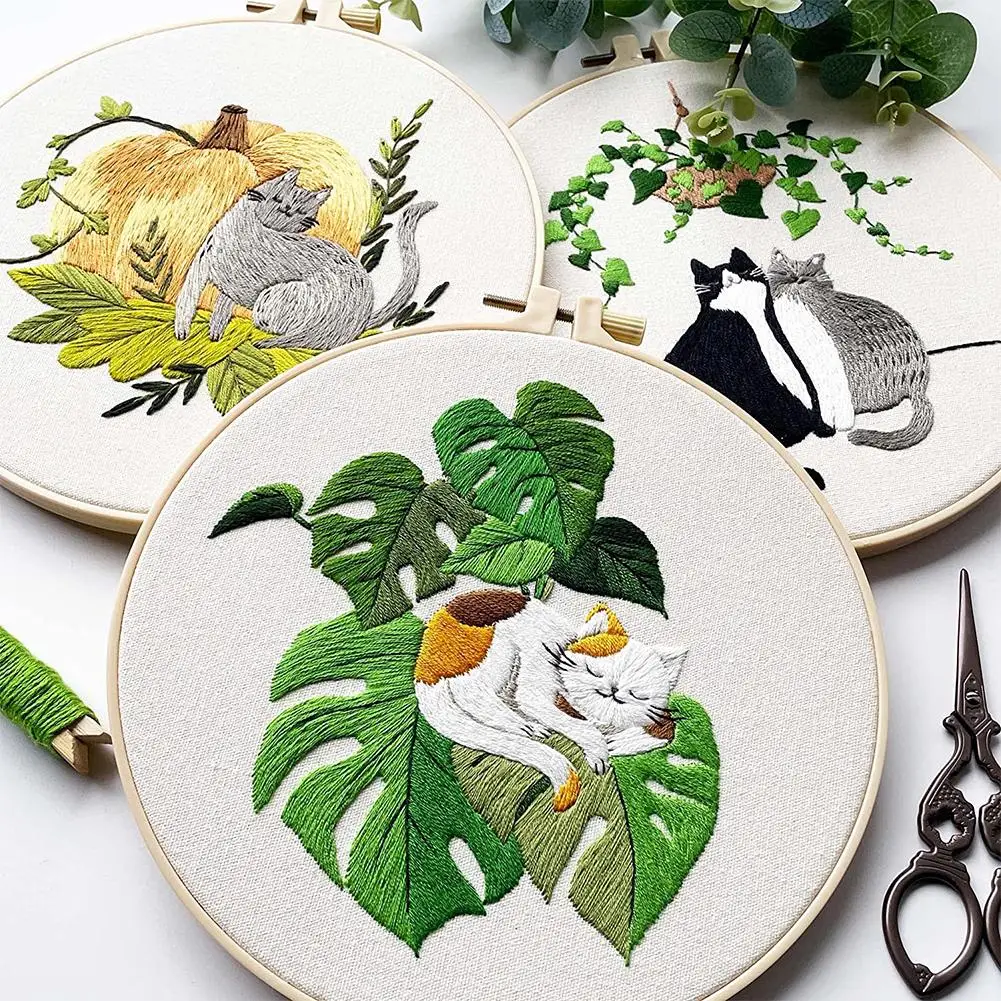 Diy Cat Embroidery Starter Kit Embroidery Hoops Threads Needles Cross Stitch Kits Beginners