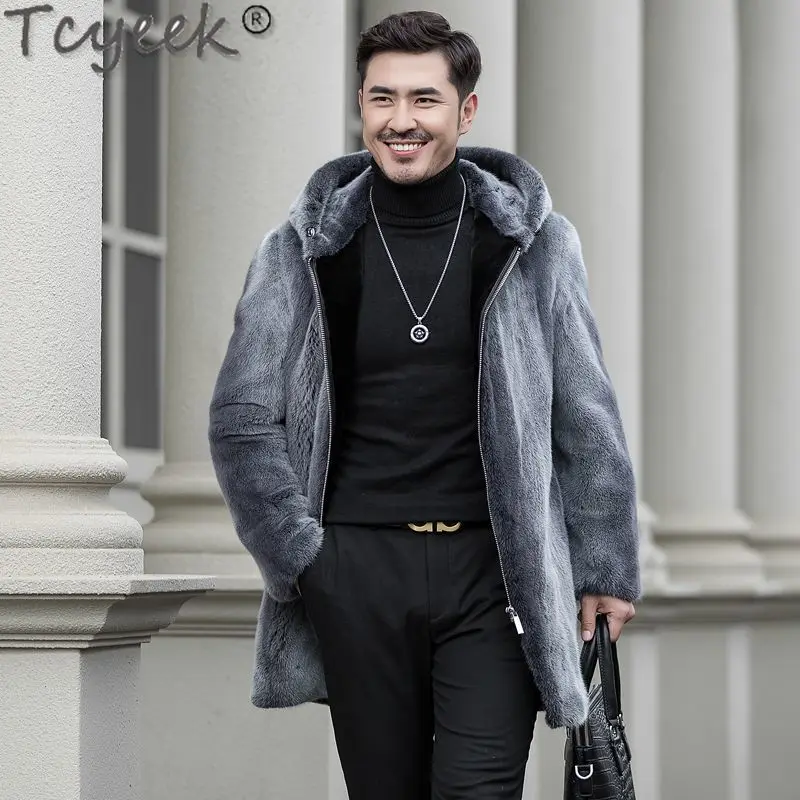 

Tcyeek High-end Natural Mink Fur Coat Winter Warm Hooded Real Fur Jacket Men Clothes Mid-long Mens Fur Coats Casaco De Pele Luxo