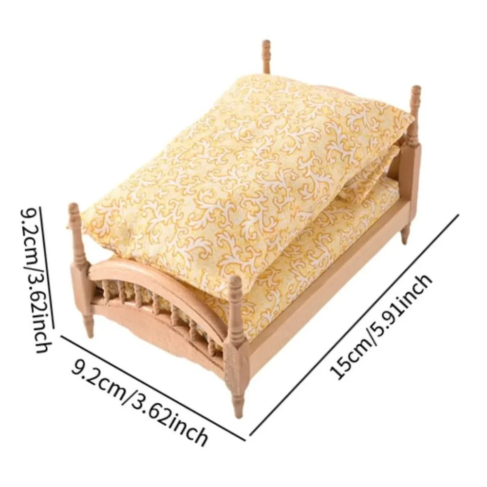 Play House 1:12 Dollhouse Wood Bed Bedroom Scene Decor Miniature Wood Bed Model Living Floral Simulation Single Bed Accessories