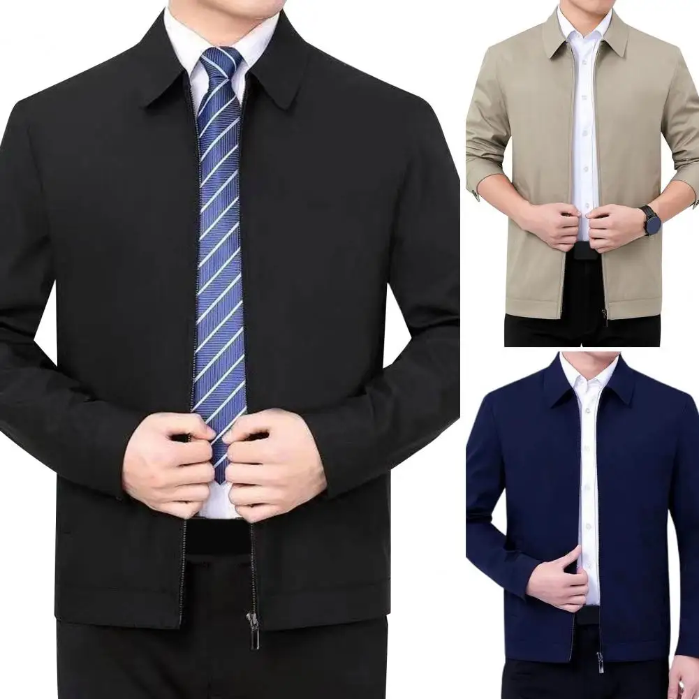 

Trendy Men Business Coat Male Pure Color Lapel Middle-aged Coat Slim Autumn Men Jacket Streetwear