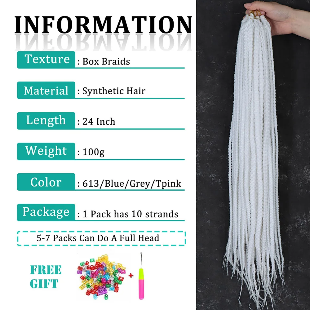 White 3X Box Braids Synthetic Crochet Hair 24Inch Crochet Braiding Hair Extensions Goddess Silver Blonde Braid Pre Looped Hair 3