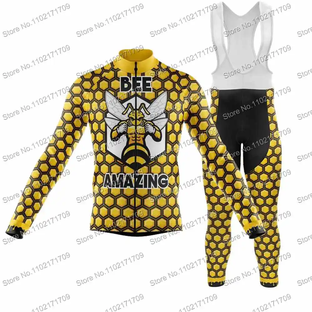 Retro Bee Amazing Mens Funny Cycling Jersey Set Long Sleeve Pro Team Bicycle Clothing Road Race Bike Shirt Suit MTB Bicycle Pant