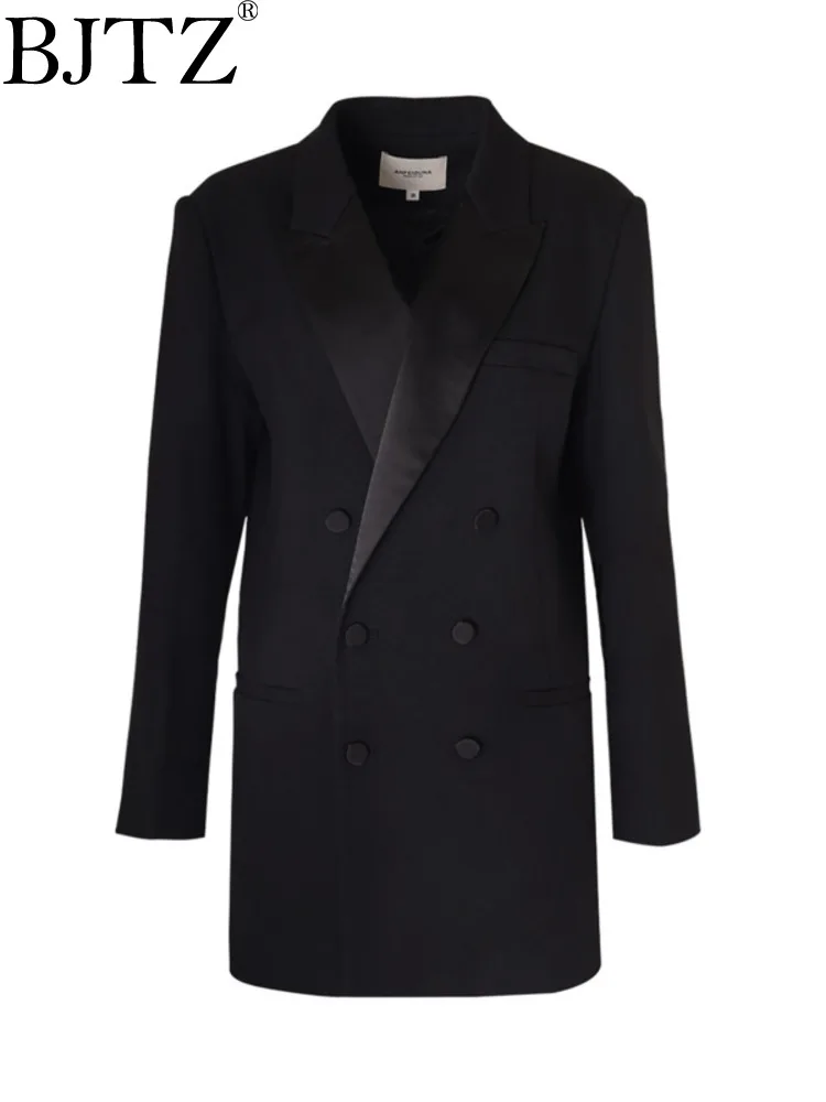 

BJTZ 2024 New Black Elastic Spun Satin Top With Double Breasted Collar And Lazy Style Mid Length Women's Blazer