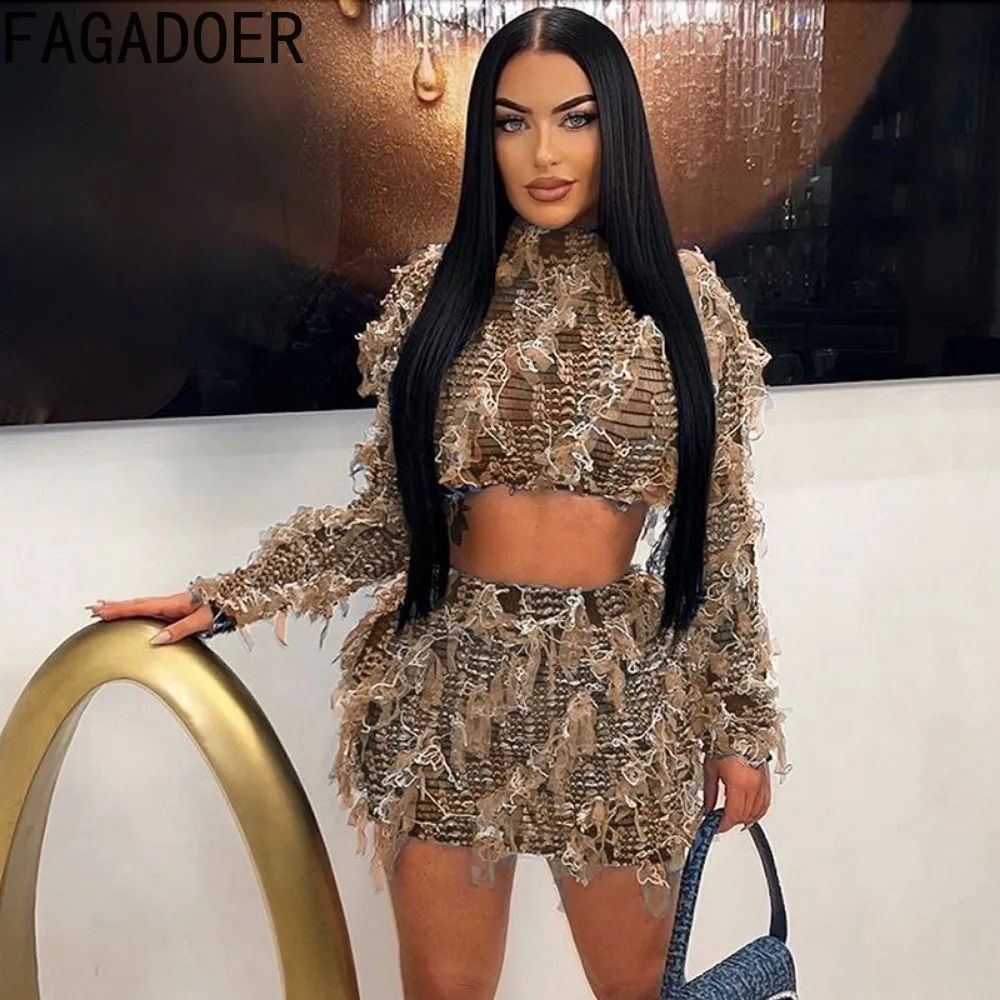 FAGADOER Fashion Streetwear Women Perspective Tassels Round Neck Long Sleeve Crop Top And Mini Skirts Two Piece Sets Outfit 2024