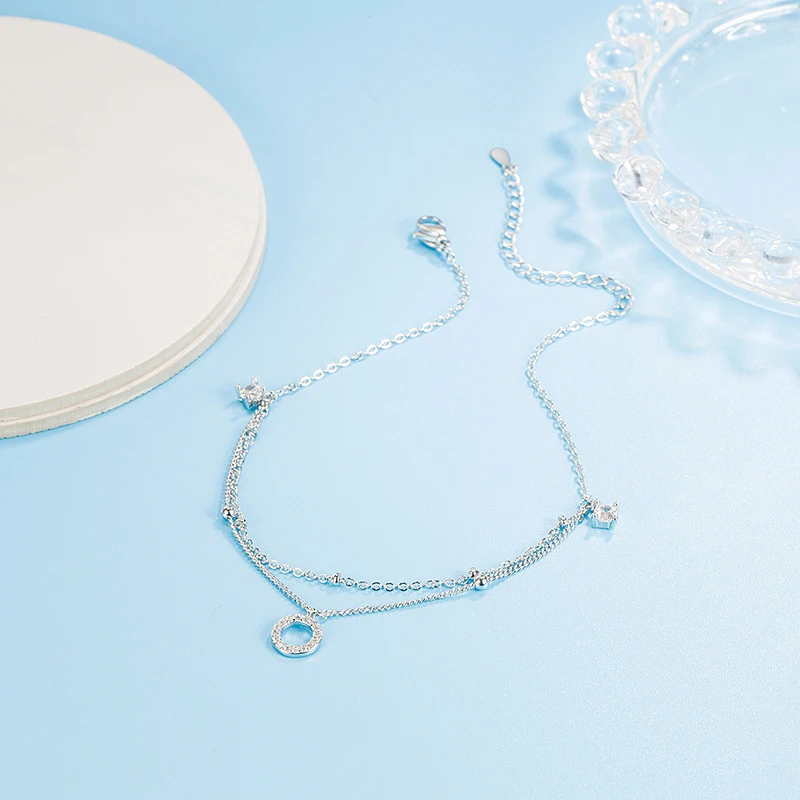 925 Sterling Silver Round Rhinestone CZ Pendant Double Layer Anklets Women Jewelry Summer Zircon Foot Chain