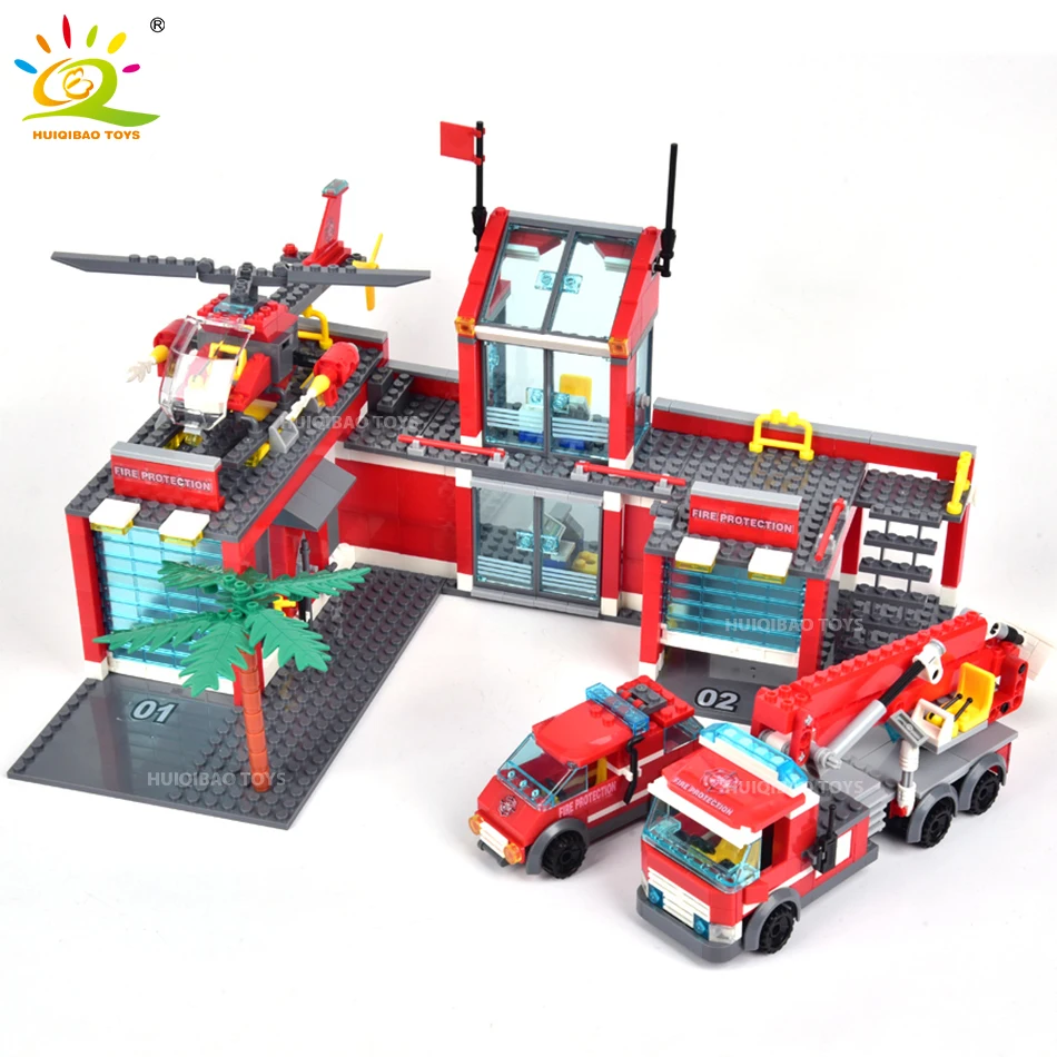 

HUIQIBAO Fire Station Building Blocks Ladder Truck Helicopter Car Firefighter Bricks City Construction Toy For Children Boy Gift