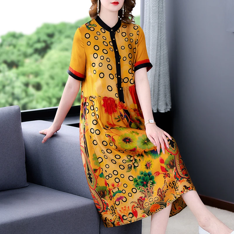 

Women Floral Natural Silk Midi Dress Summer Short Sleeve Elegant Loose Waist Dresses 2024 Korean Vintage Casual Party Vestidos