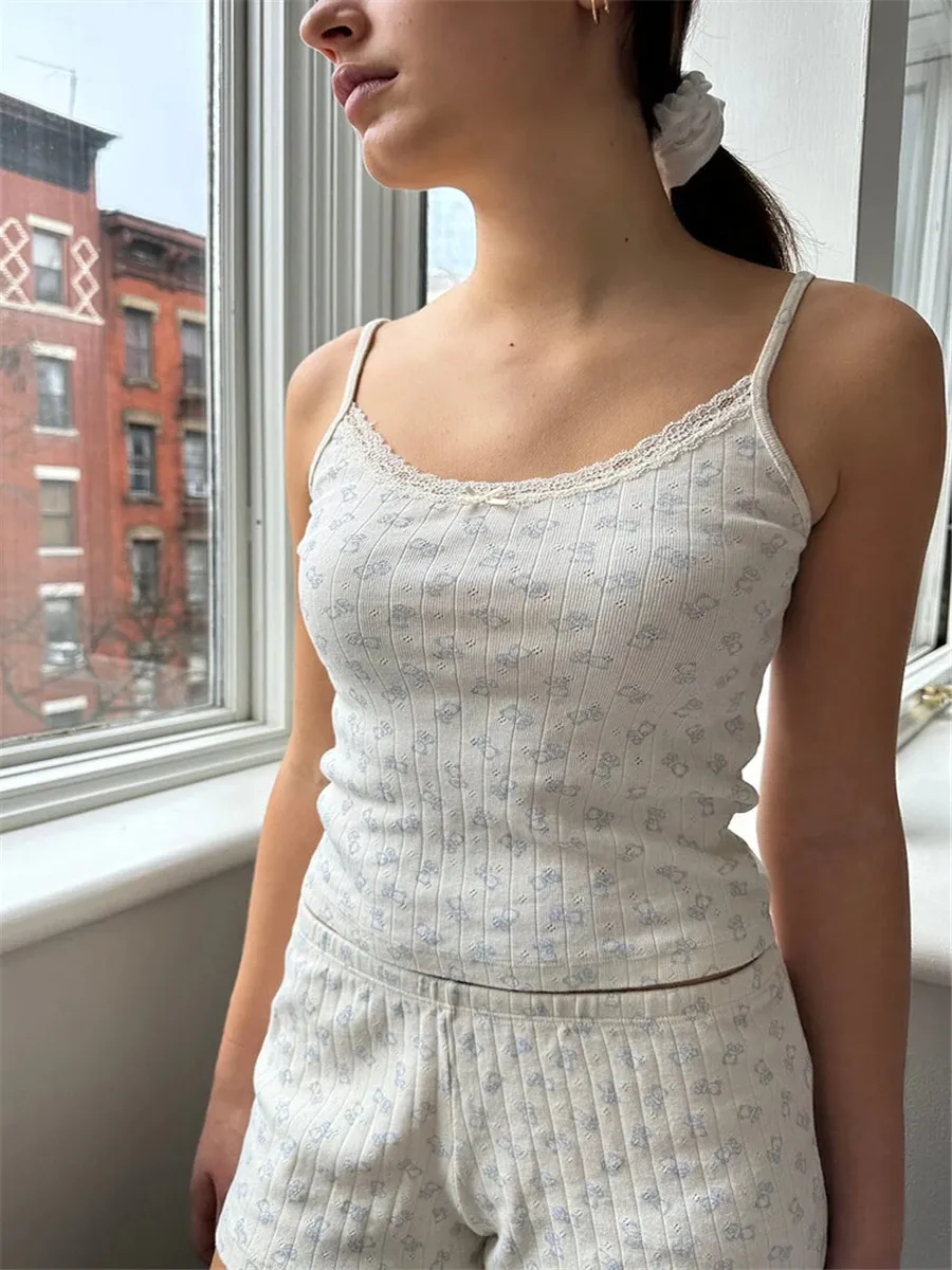 

Women 2 Piece Shorts Suit Pajamas Summer Lace Trim Print Sleeveless Slim Tank Tops With Shorts Sets Casual Daily Outfit Homewear