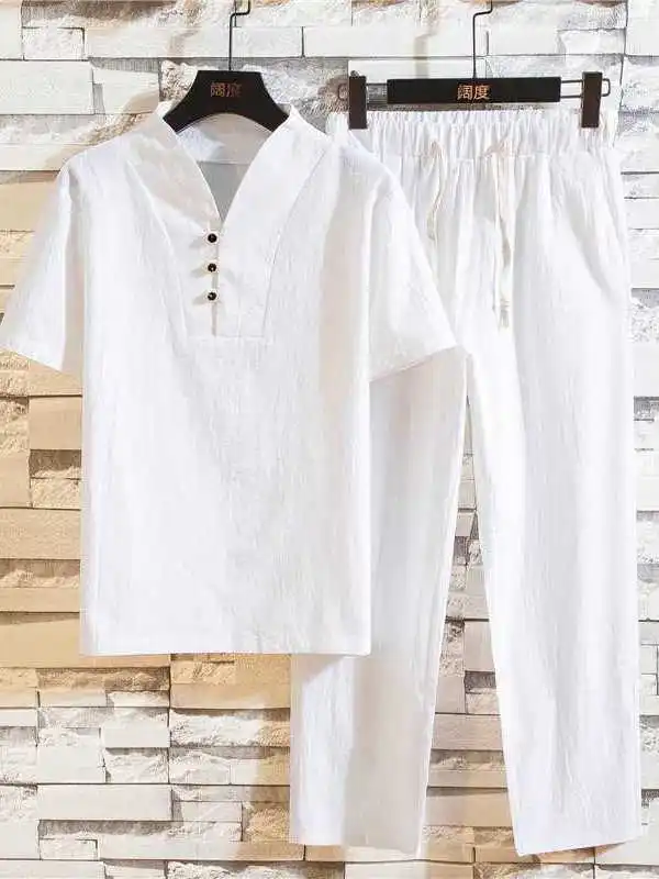 2PCS Retro Chinese Traditional Man Clothing Set Linen Summer Half Sleeve V-neck T-shirt Solid Oriental Kung Fu Tang Suit
