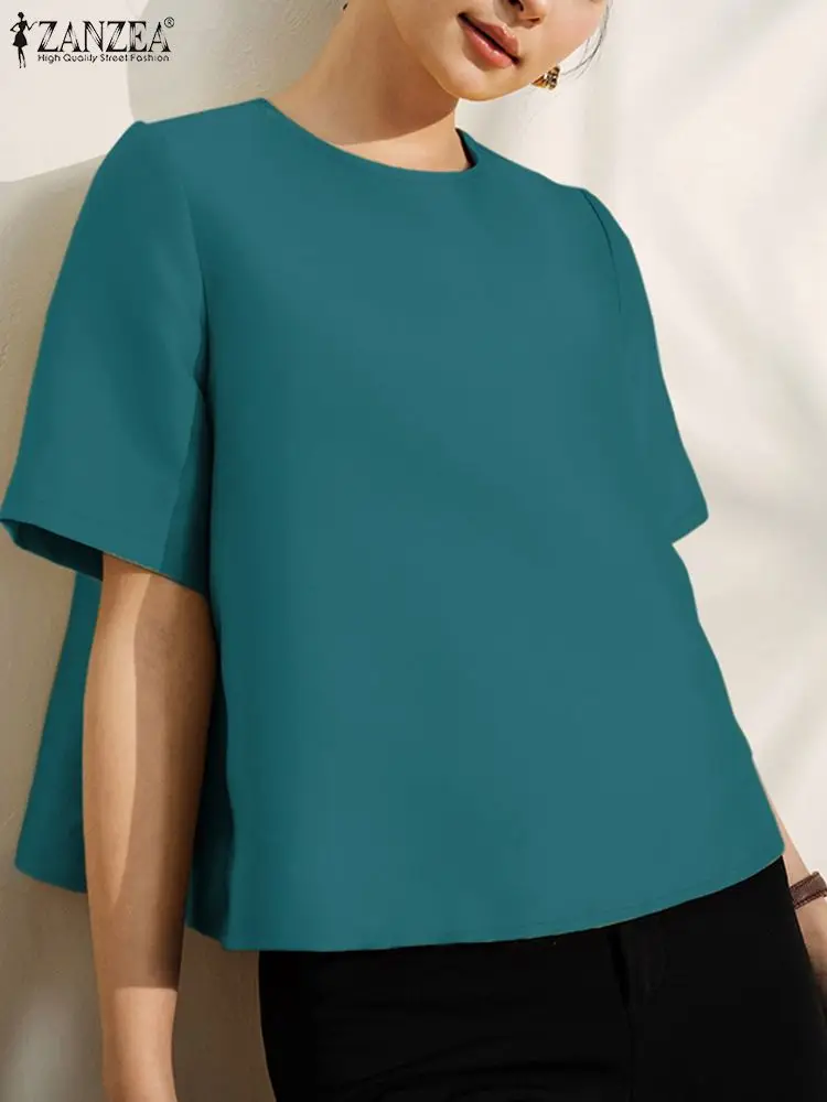 

Блузка ZANZEA женская с коротким рукавом, модная Элегантная туника свободного покроя, однотонная атласная Повседневная рубашка с круглым вырезом, лето 2024