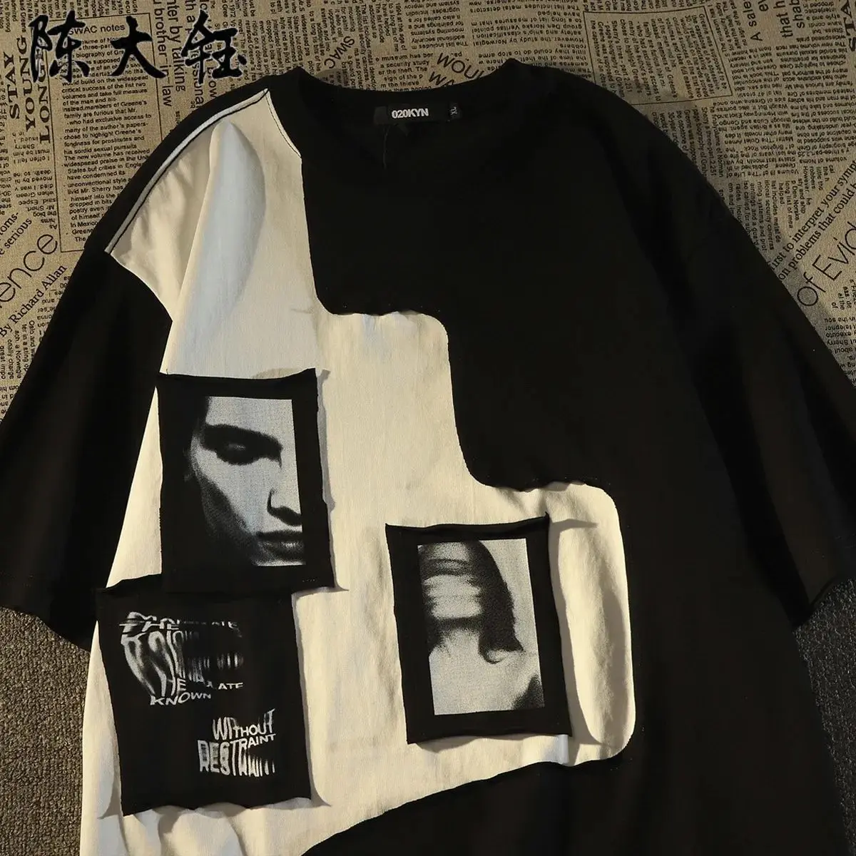 

American high street portrait patch new short sleeved T-shirt for men and women summer design niche European and American tops
