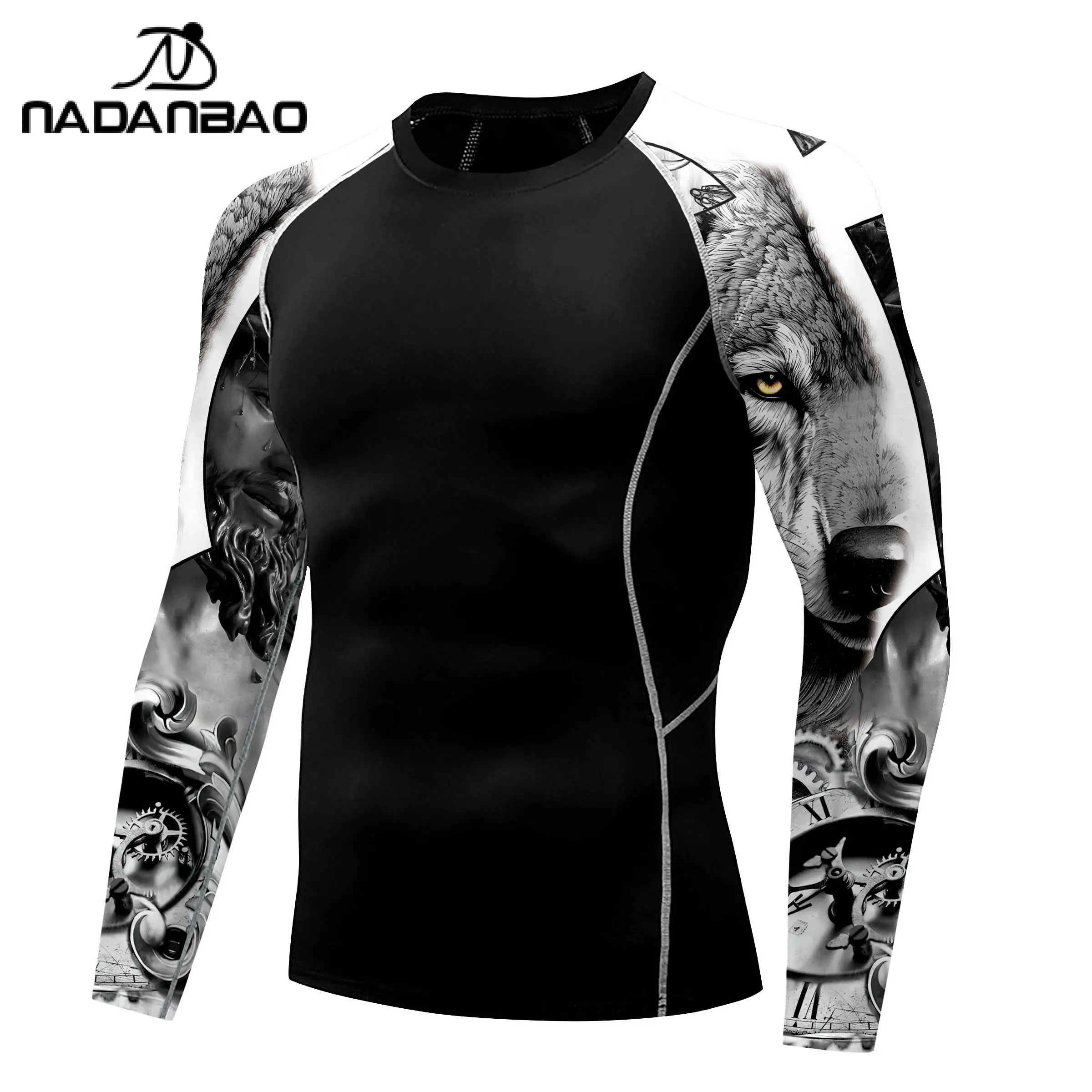Nadanbao Men Long Sleeve Fashion Surfing Wetsuit Skull Print Fitness Swimsuits Beach Swimwear Black Surfing Beachwear Top