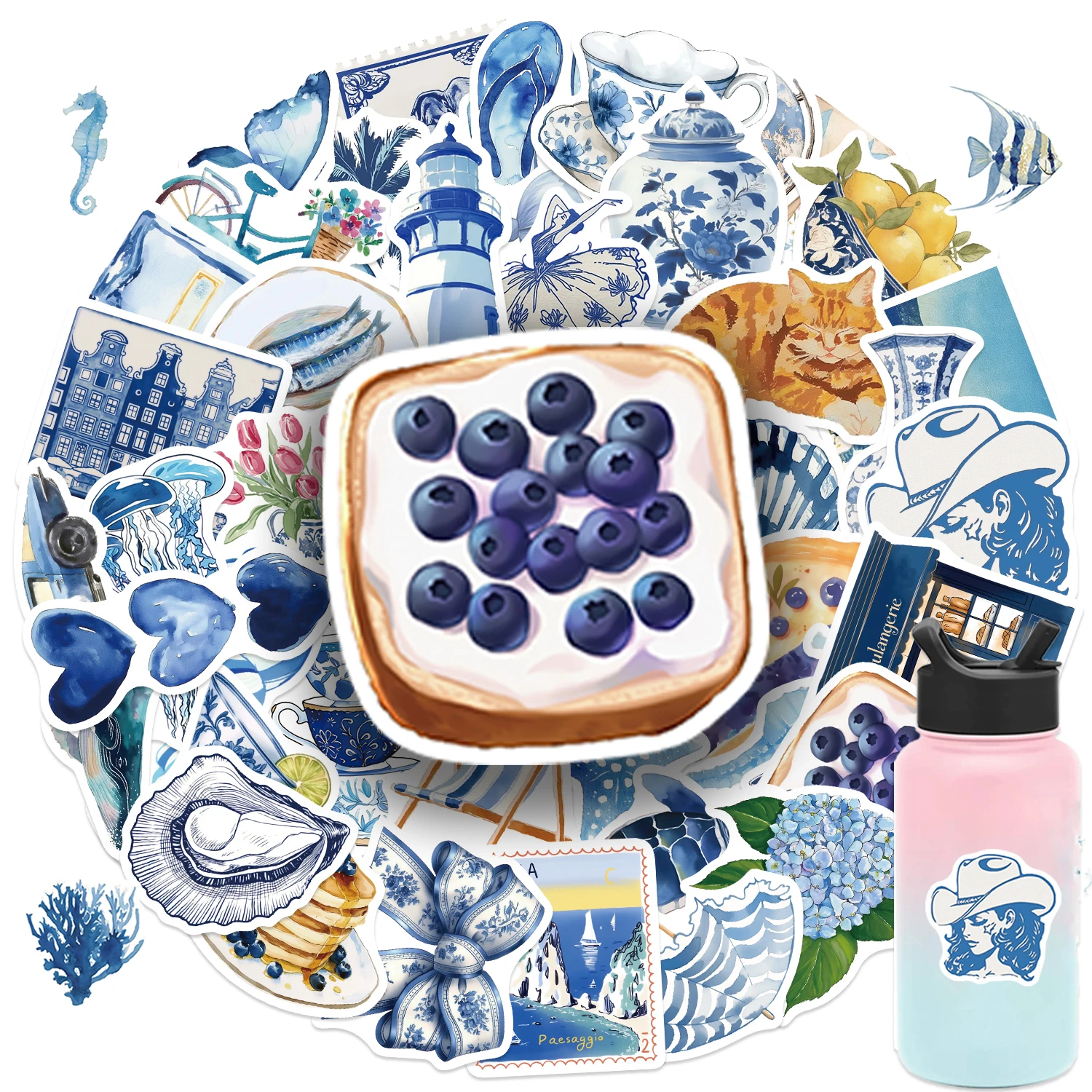 50/100 Stück Niedliche Mediterrane Aufkleber Ästhetische Blaue INS Cartoon-Sticker DIY Scrapbooking Handy Gepäck Wasserdichte Aufkleber Spielzeug – Detail 5