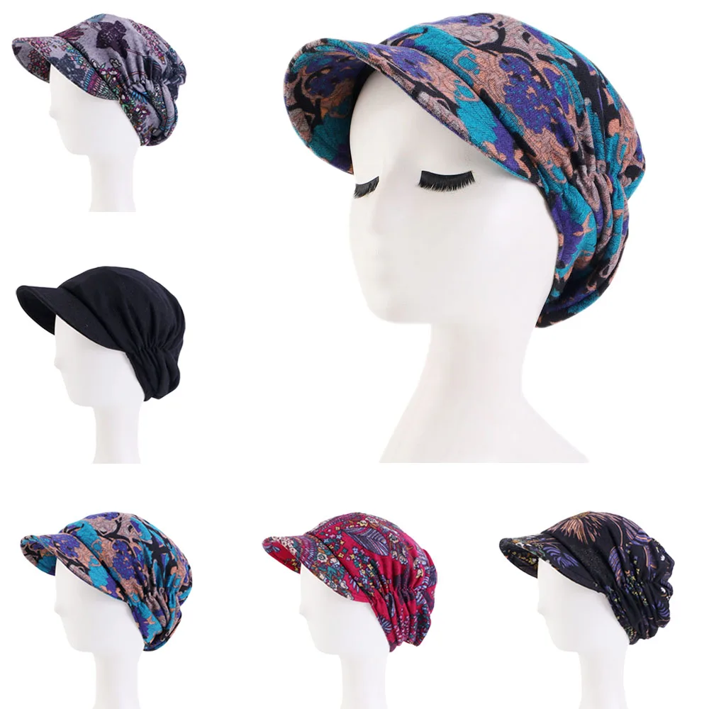 

Fashion Women Floral Print Warm Winter Wide Brim Cap Turban Visor Hat Turbante Bonnet Head Scarf Hair Loss Chemo Caps Skullies