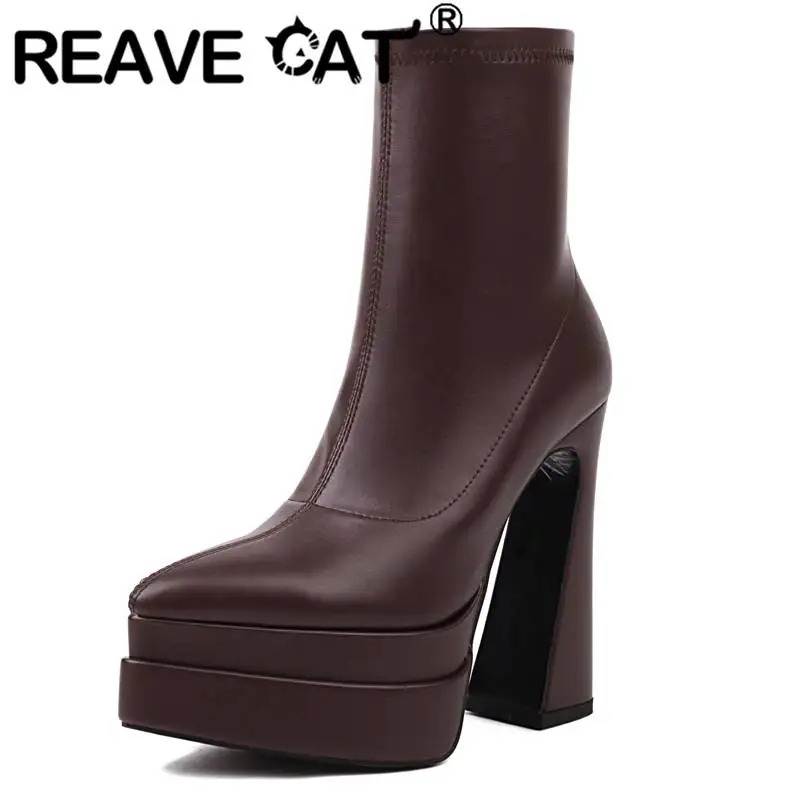 REAVE CAT Ladies Boots 15cm Shaft Stretchy Sock Pointed Toe Strange High Heel 6 inch Double Platform 5cm Zip Big Size 46 Party