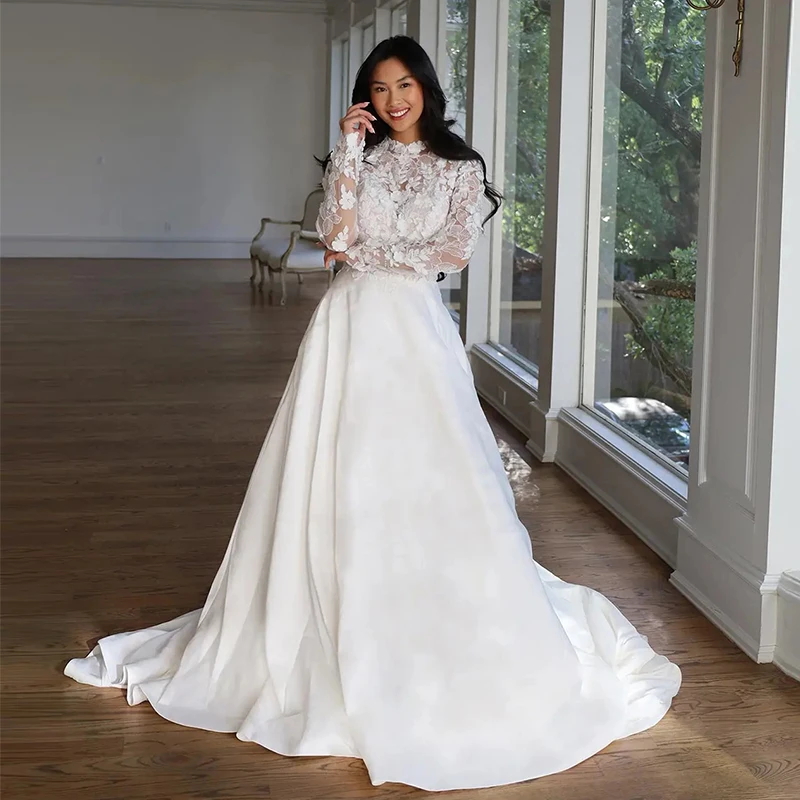 

TIXLEAR Appliques Wedding Dress for Women A-Line lace vestido blanco Vestidos De Novia Bride 2023 Sweep TrainFull Sleeve Elegant