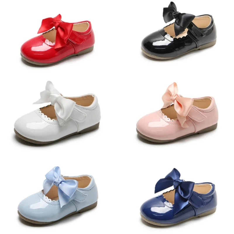 Newest Spring Autumn Baby Girls Fashion Patent Leather Big Bow Princess Mary Janes Party Shoes Solid Color Student Flats Shoes spring autumn new baby girls flats shoes infant first walkers toddler pink beige color leather shoes mary janes girl shoes