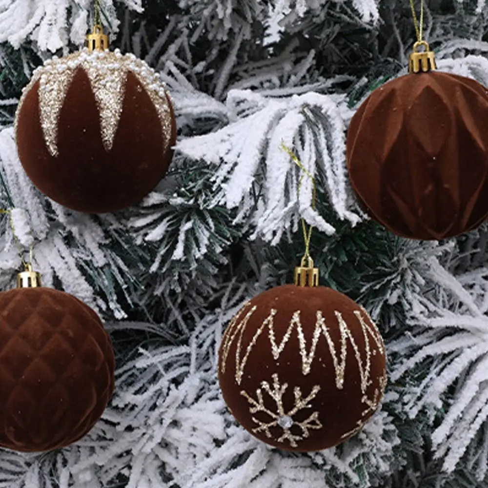 4pcs 8cm Velvet Christmas Ball Pendant Glitter Flocked Xmas Gift Balls Shatterproof Christmas Tree Hanging Balls Hotel Mall