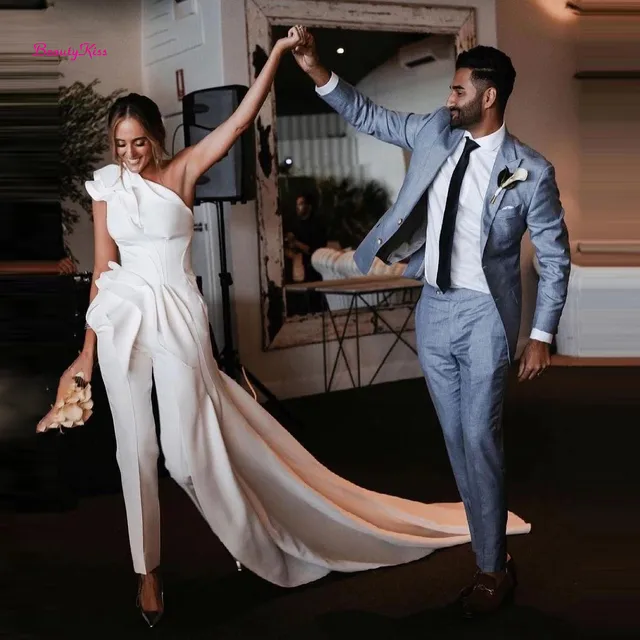 One Shoulder Wedding Pant Suits For Brides With Train Applique Long Ruched  Wedding Jumpsuits Women Elegant Evening Formal Dress - AliExpress