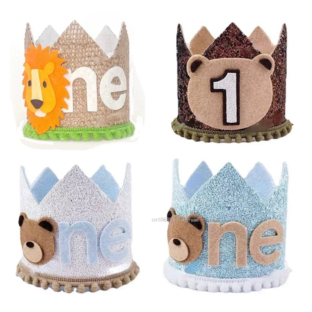 1Pcs First Kids Birthday Party Glitter Brown Bear Hat ONE Burlap Lion Birthday Crown Baby Shower Photoprops Party Decorations