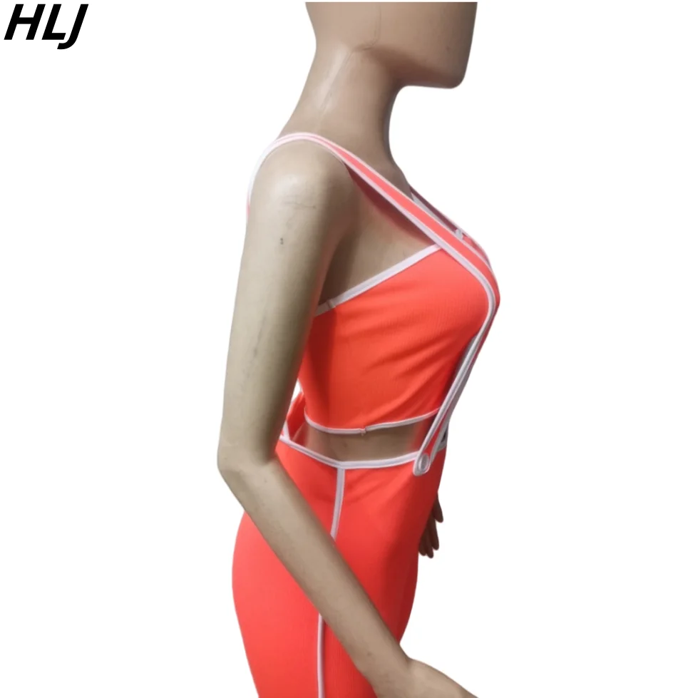 HLJ Fashion Streetwear Women Solid Ribber Sleeveless Backless Tube + Strap Skinny Pants Two Piece Sets Casual Sporty 2pcs Outfit